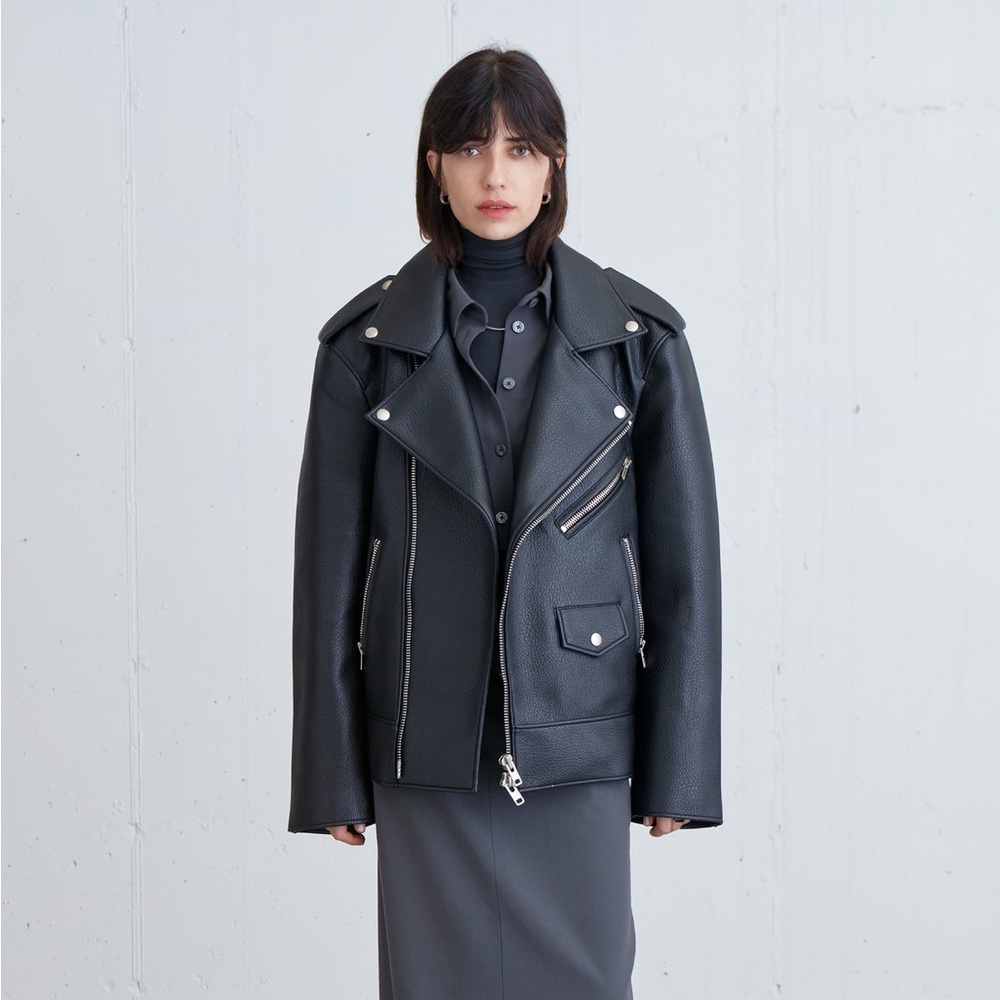 NWT OAK + FORT Oversized Black Vegan Leather Moto Jacket